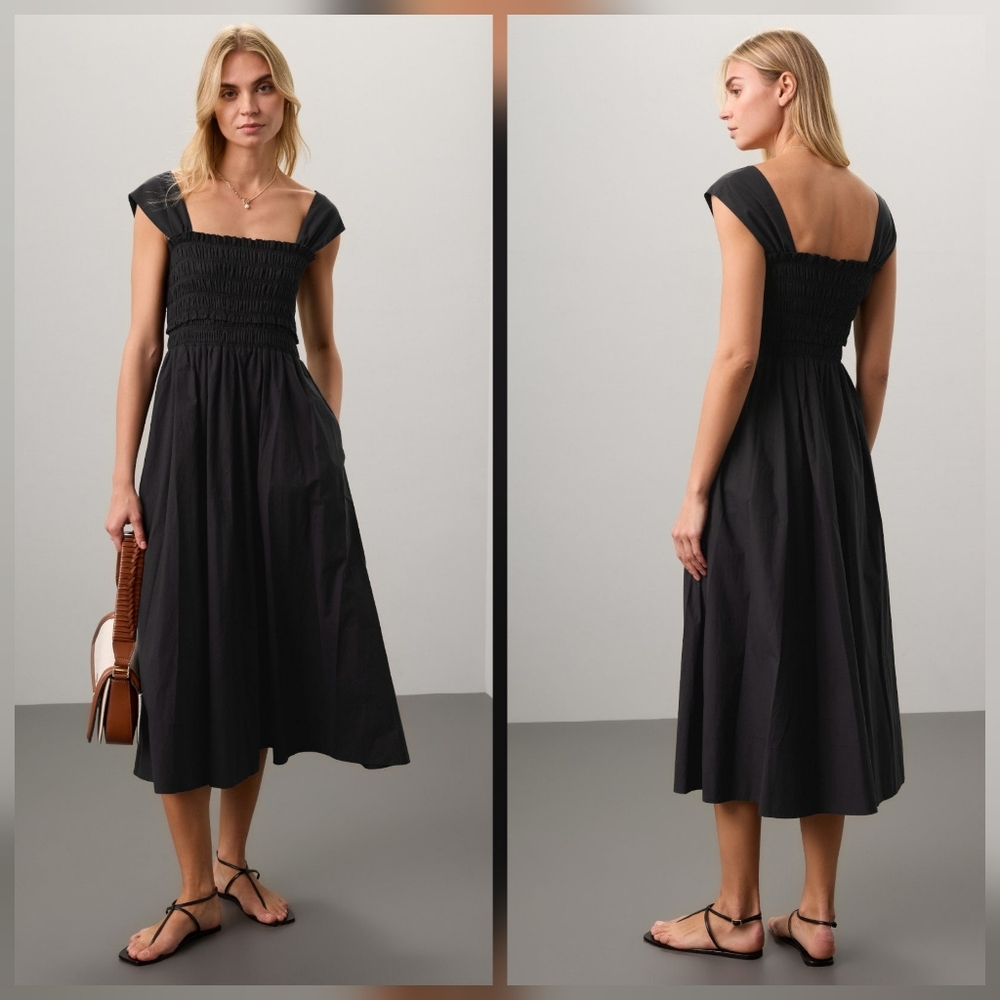 Club Monaco Cotton Smocked Midi Dress Black Casual Cap Sleeves Square neck